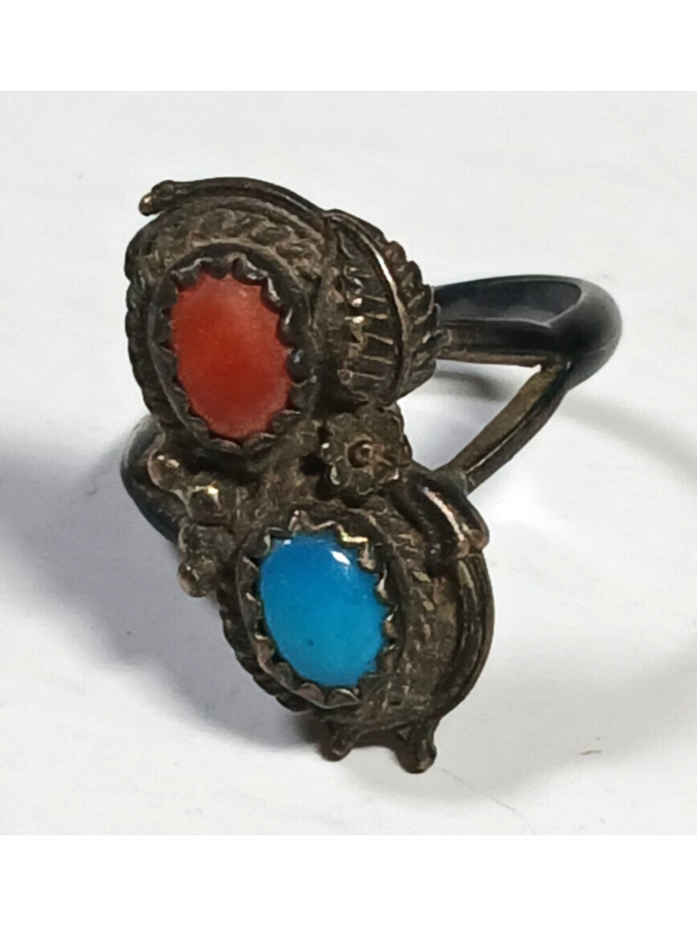 Old Pawn Jewelry Vtg S Silver Native Navajo Ring Turquoise & Red Coral Size 5